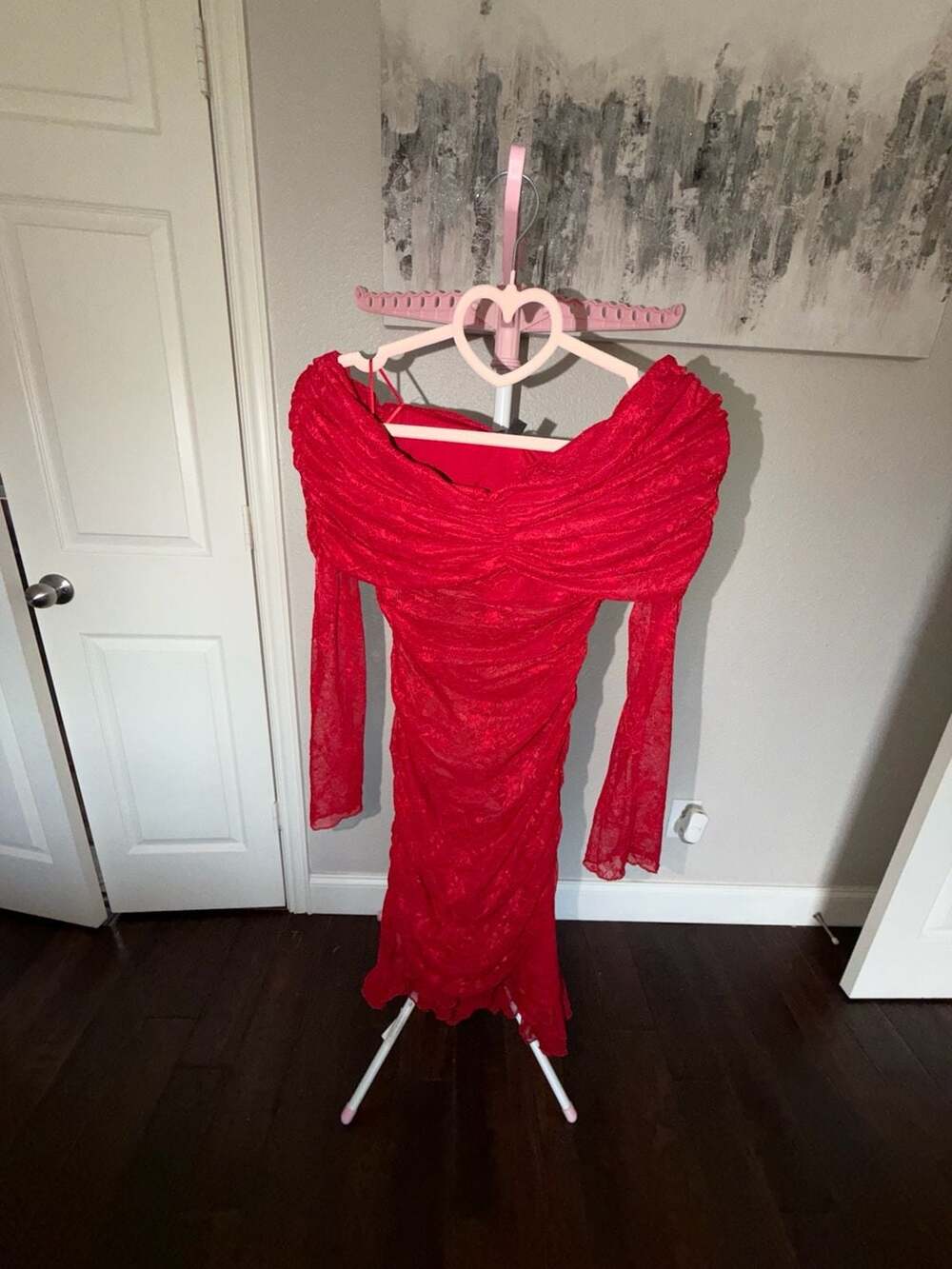 AFRM Fay Off-The-Shoulder Long Sleeve Lace Bodycon Mini Dress in Red